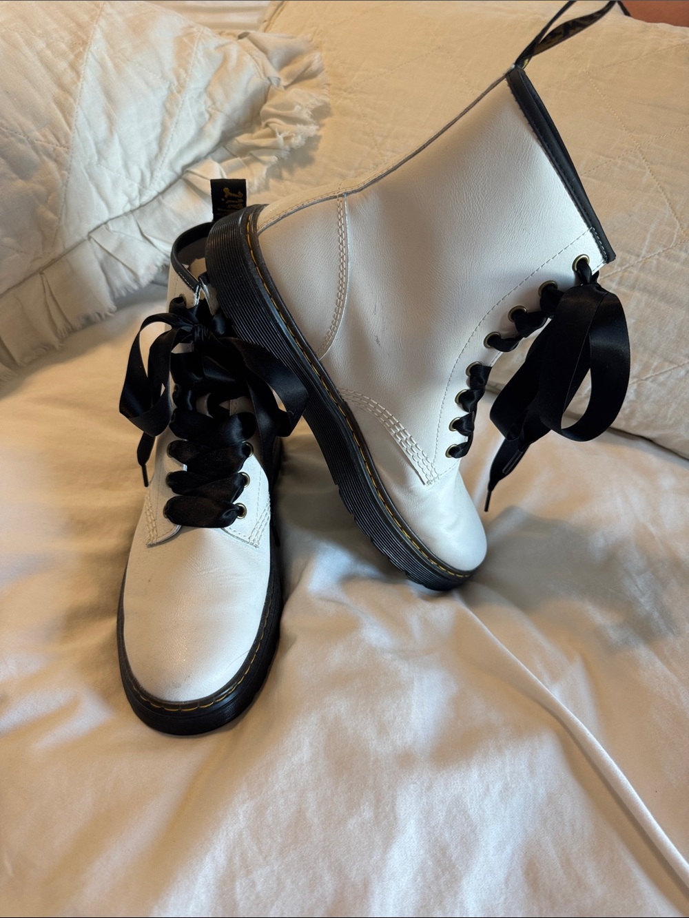 Dr. Martens White Leather Lace-Up Boots with Black Soles & Laces